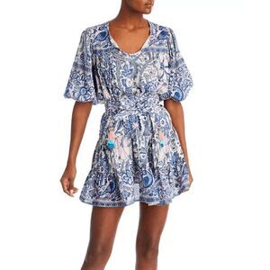 Bell Blue Pink Floral Paisley Amelia Short Sleeve Mini Dress Women's Size Small